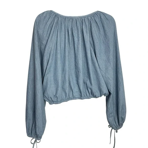 Kori Chambray Crop Top‎ Womens S Blue Long Sleeve V Neck Hippie Boho Festival - Picture 3 of 7